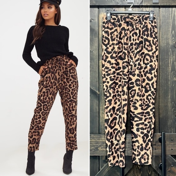 NWT PrettyLittleThing Pants Animal Print Size 4 Brown Leopard Tie Waist Cropped - Picture 1 of 7